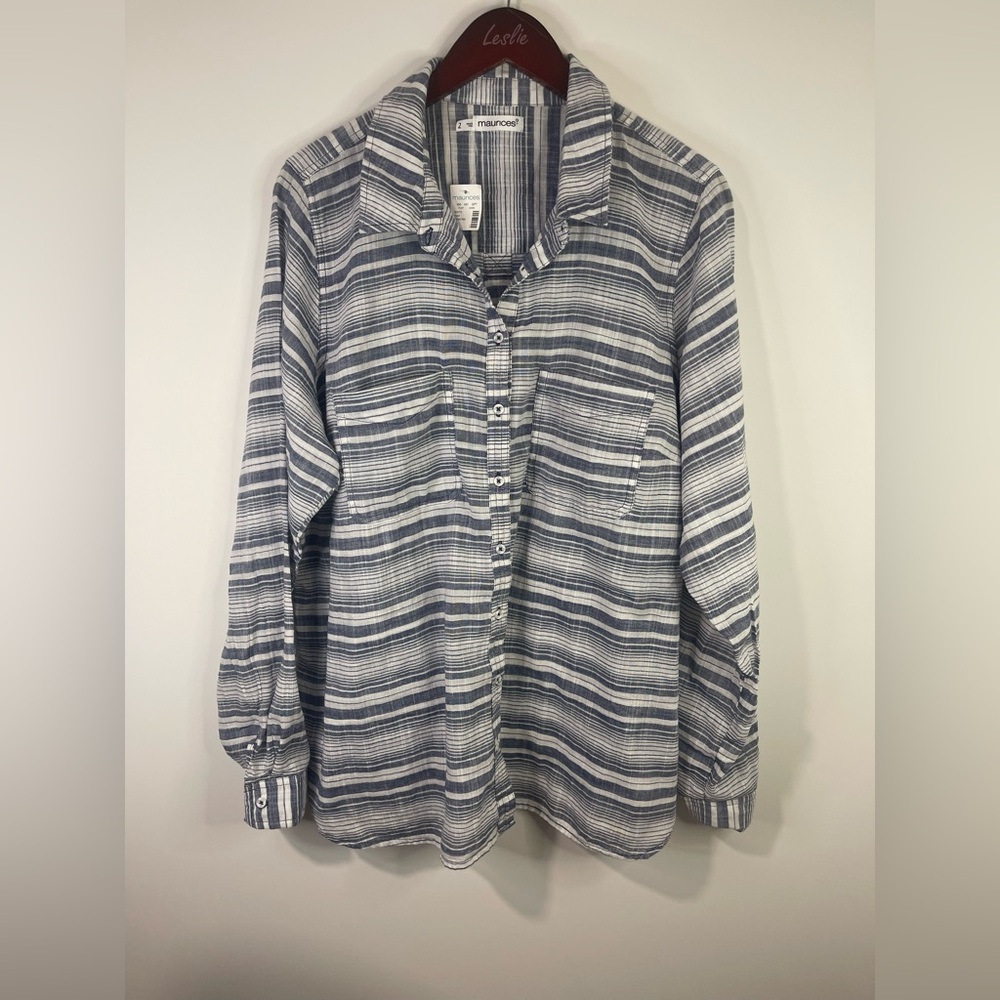 Maurices Gray and White Striped button down Blouse NWT